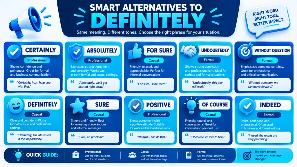 3D comparison chart of ten alternatives to definitely and their tones