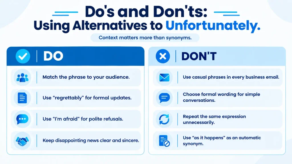 Do's and don'ts for choosing appropriate alternatives to unfortunately in professional and casual writing.