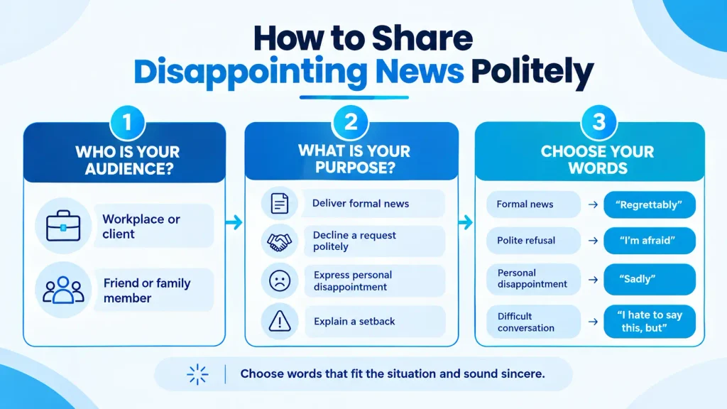 Decision guide for choosing polite alternatives to unfortunately when delivering disappointing news.