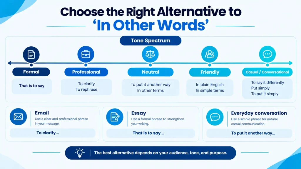 Tone comparison of alternatives to in other words for formal professional and casual writing
