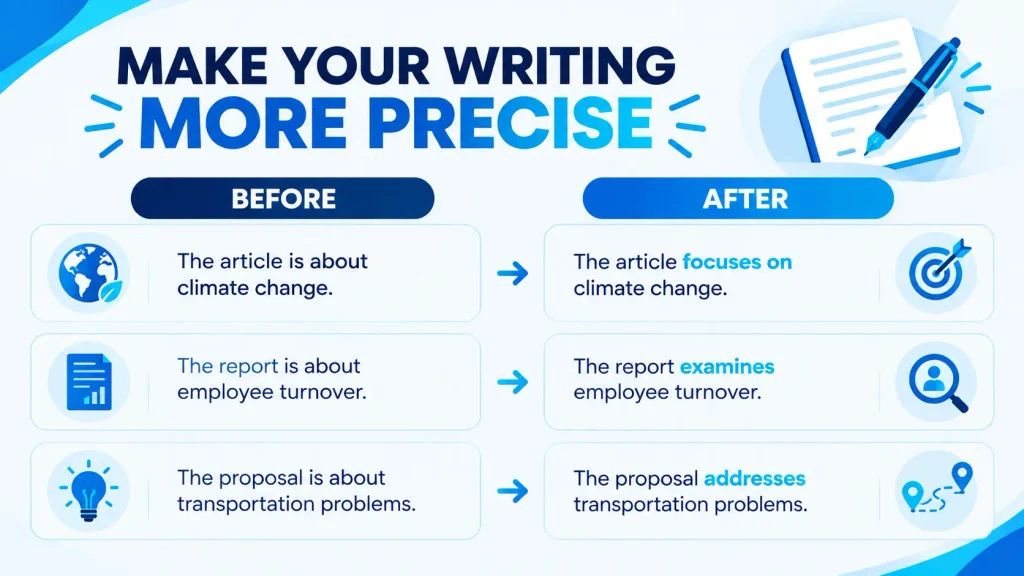 Before-and-after examples replacing “is about” with clearer phrases such as “focuses on” and “addresses.”