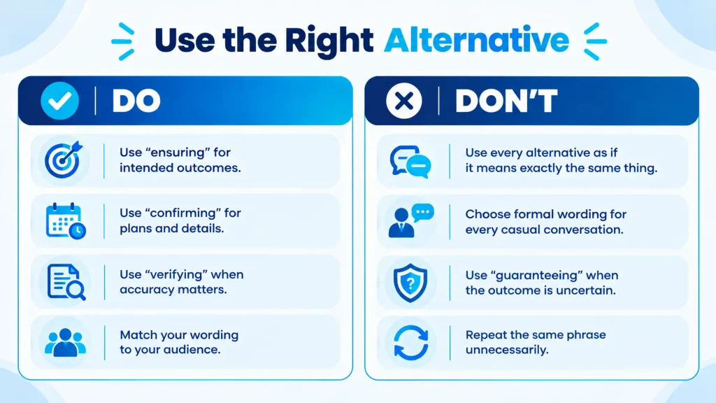 Do’s and don’ts for choosing accurate alternatives to making sure in professional and everyday writing.