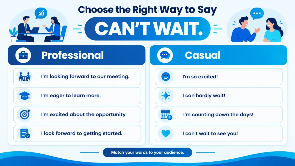 Comparison of professional and casual alternatives to can't wait for emails and everyday conversations.