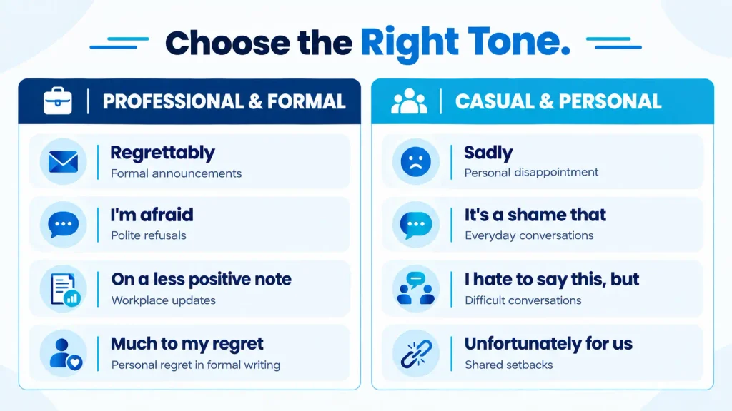 Comparison of professional and casual alternatives to unfortunately for different communication situations.