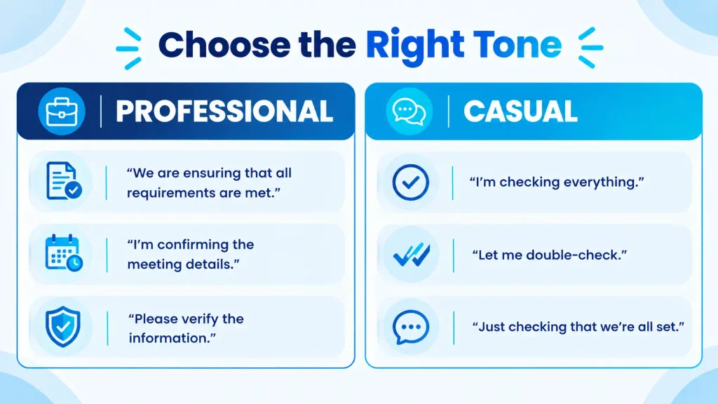 Comparison of professional and casual alternatives to making sure for workplace emails and everyday conversations.