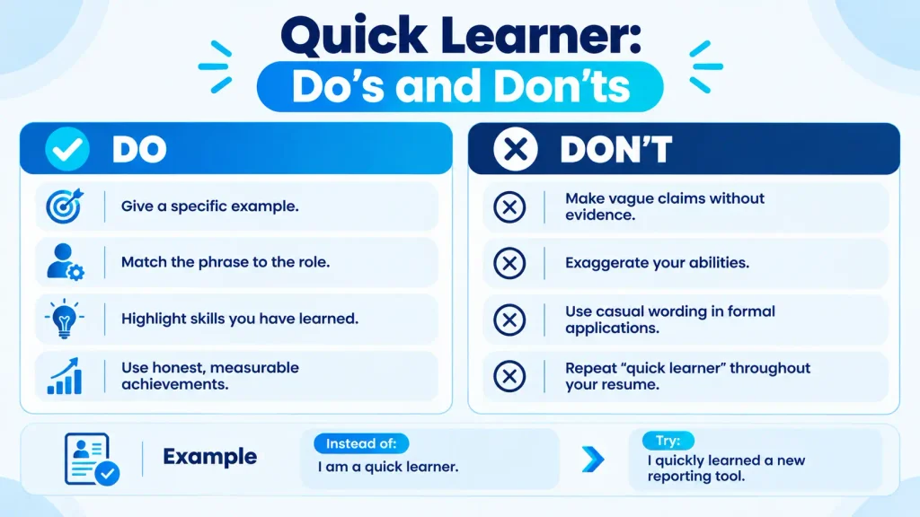Do’s and don’ts infographic showing how to describe quick learning ability accurately on a resume.