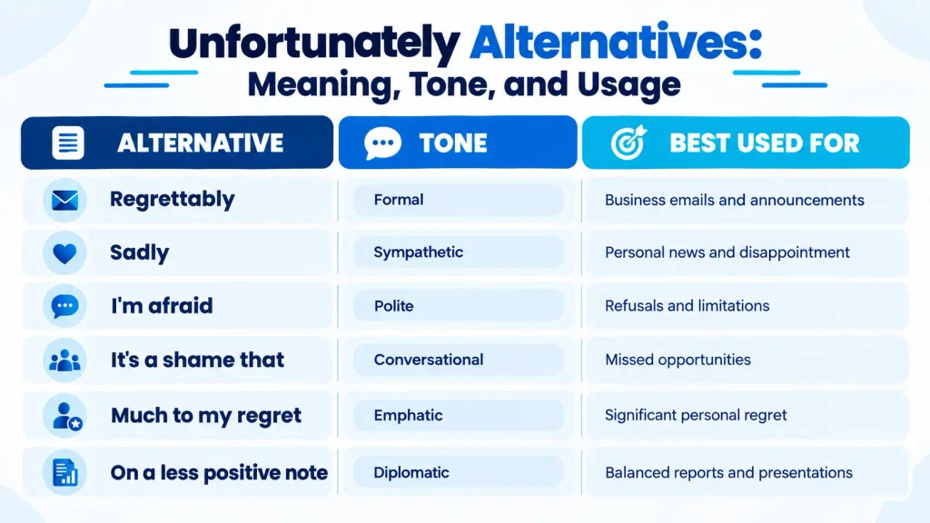 Comparison guide showing the tone and best use of common alternatives to unfortunately.